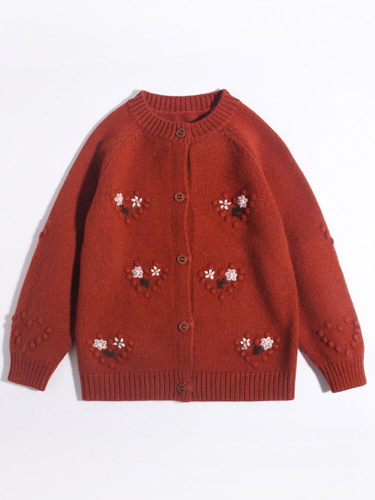Girls Floral Embroidery Button-Front Cashmere Cardigan Sweater